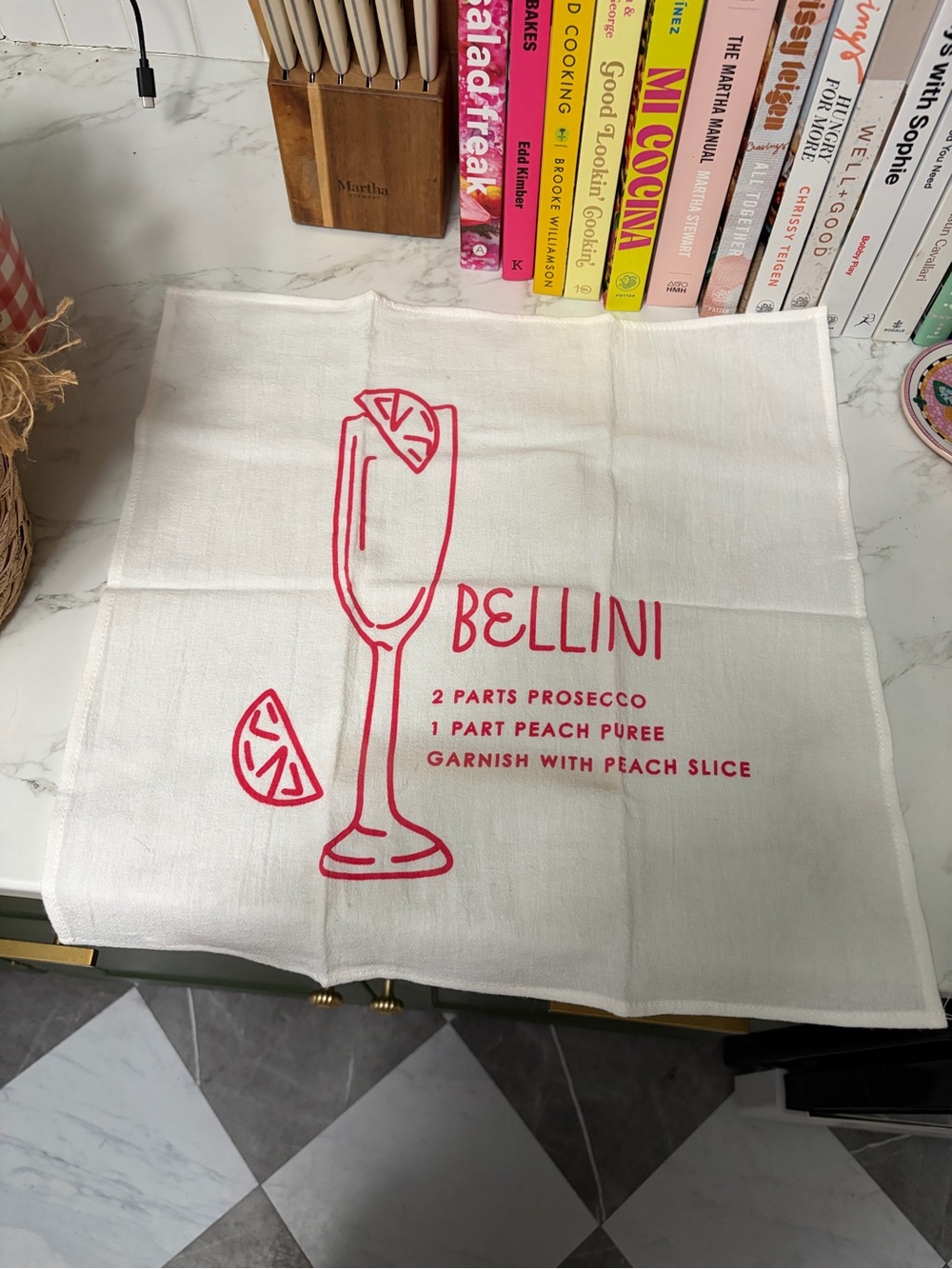 Bellini Cocktail Tea Towel - White with Pink Graphic